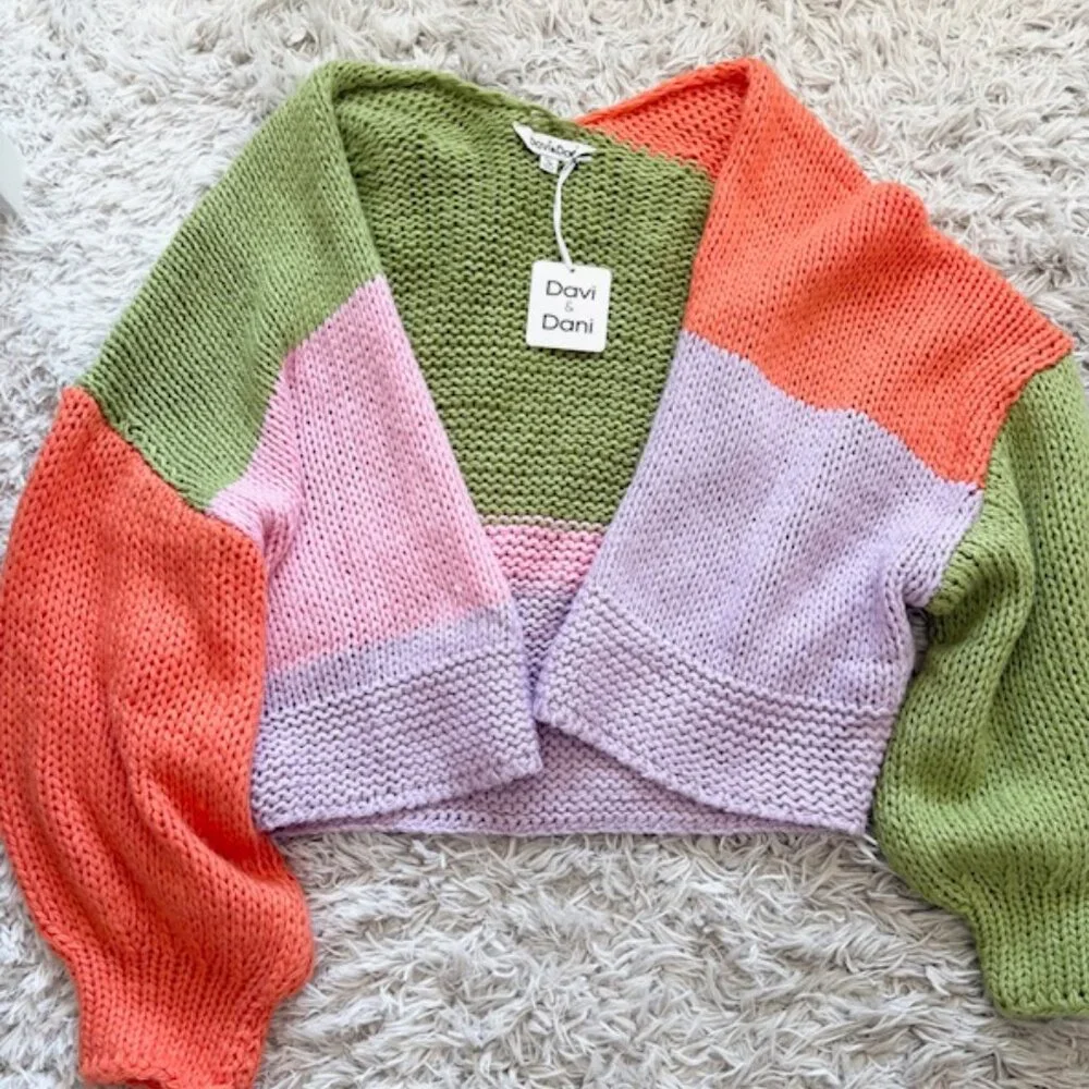 DAVI & DANI Colorblock Cardigan - Green, Pink, Orange